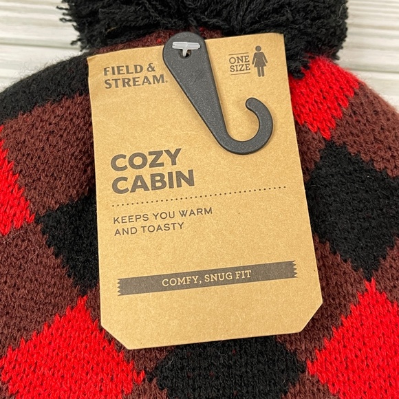 Field & Stream Cozy Cabin Black, Brown and Red Plaid Knit Beanie Hat NWT - Picture 5 of 8
